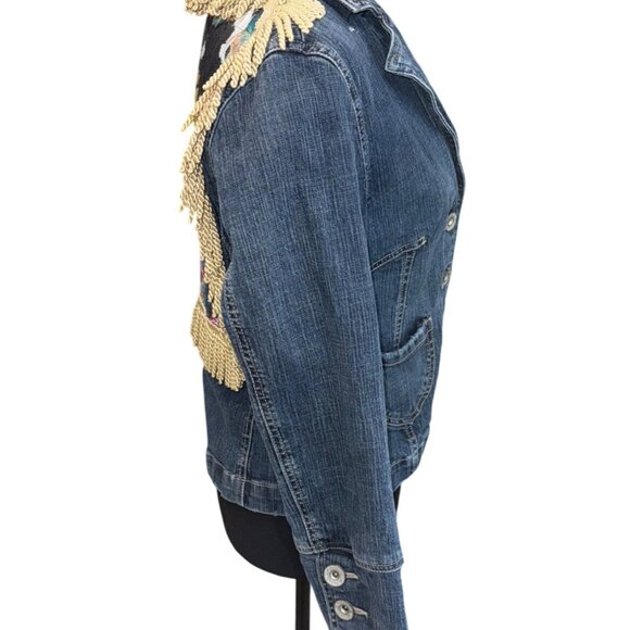 NWT J&J Originals Womens Denim Boho Artsy Retro Jacket Sunflower Fringe Detail M - Picture 4 of 11